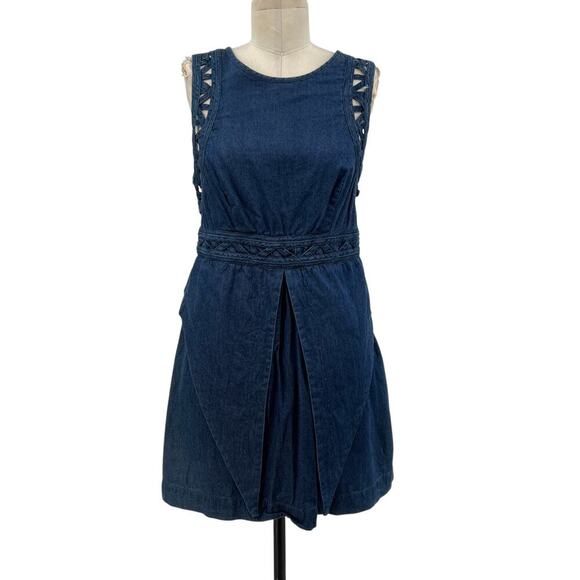 Free People New Romantics Highland Denim Mini Dress Sleeveless Cutout Size 8 - Picture 2 of 15